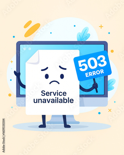 Service unavailable error mascot on computer screen conveys frustration about website downtime issues