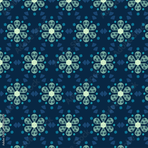 Seamless Floral Pattern with Decorative Swirl Motifs on Deep Blue Background