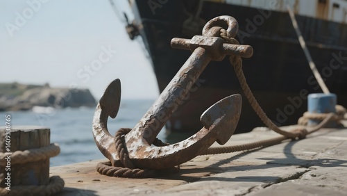 Rusty Anchor on Wooden Dock with Ship in Background