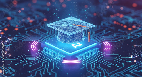 AI Education: A digital representation of a mortarboard, symbolizing the evolution of education within the sphere of artificial intelligence, over a computer microchip.