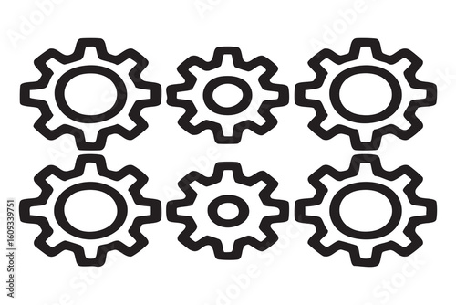 Six black gear icons arranged in two rows mechanical industry