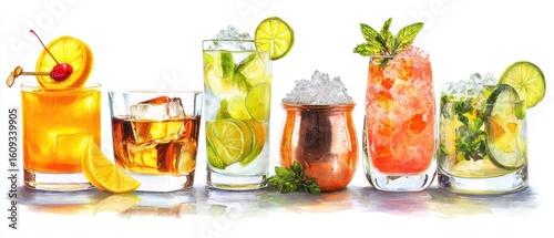 The vibrant array of refreshing cocktails beautifully arranged for summer enjoyment.