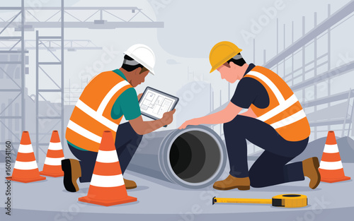 A flat vector illustration of builders inspecting a pipeline on a construction site.