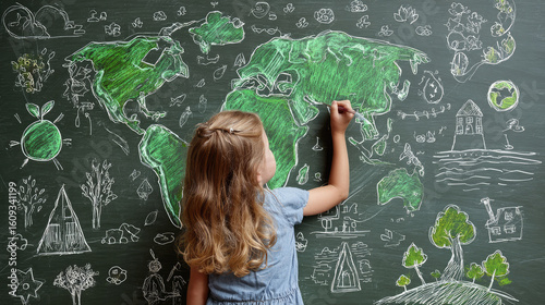 Young girl drawing green continents on a world map filled with environmental and sustainability symbols. Ideal for eco education, school design, and global awareness campaigns.