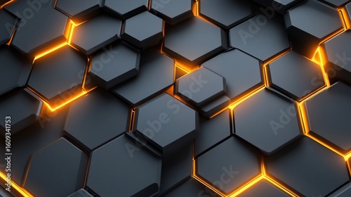 Abstract background of dark gray hexagons with glowing orange edges