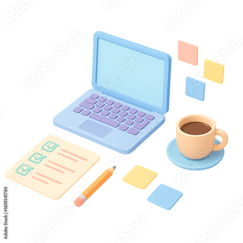3d render isometric cartoon laptop workspace with checklist coffee cup pencil sticky notes and pastel office desk elements productivity concept isolated on transparent background
