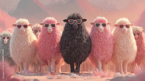 Wallpaper Mural A bold black sheep standing out among pastel pink and cream sheep, symbolizing individuality and bold authenticity in millennial branding Torontodigital.ca