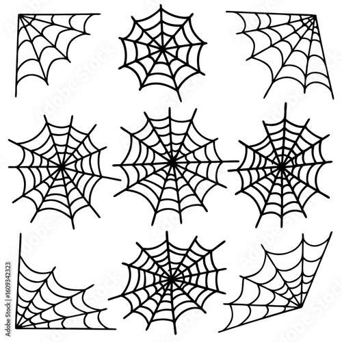 Set of nine black spider web silhouettes in various shapes for Halloween