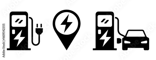 electric car charging station icon set with location symbol