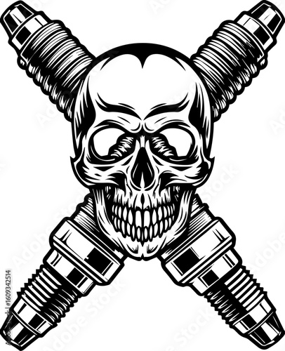 SVG of a mechanic skull design in a bold, detailed tattoo style. Skull Design with Crossed Spark Plugs in Monochrome Style
