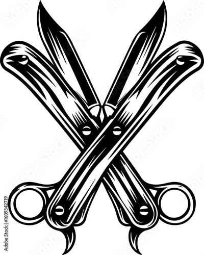 SVG of a mechanic skull design in a bold, detailed tattoo style. Vintage Style Barber Scissors Crossed in Classic Monochrome Design