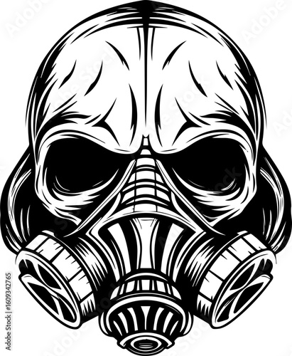 SVG of a mechanic skull design in a bold, detailed tattoo style. Detailed Skull Design with Gas Mask Elements in Black and White