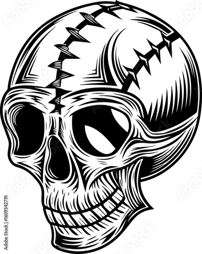 SVG of a mechanic skull design in a bold, detailed tattoo style. Detailed Black and White Illustration of a Stylized Skull Design