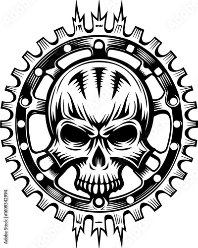 SVG of a mechanic skull design in a bold, detailed tattoo style. Skull Design with Gear Element for Edgy and Grunge Aesthetics