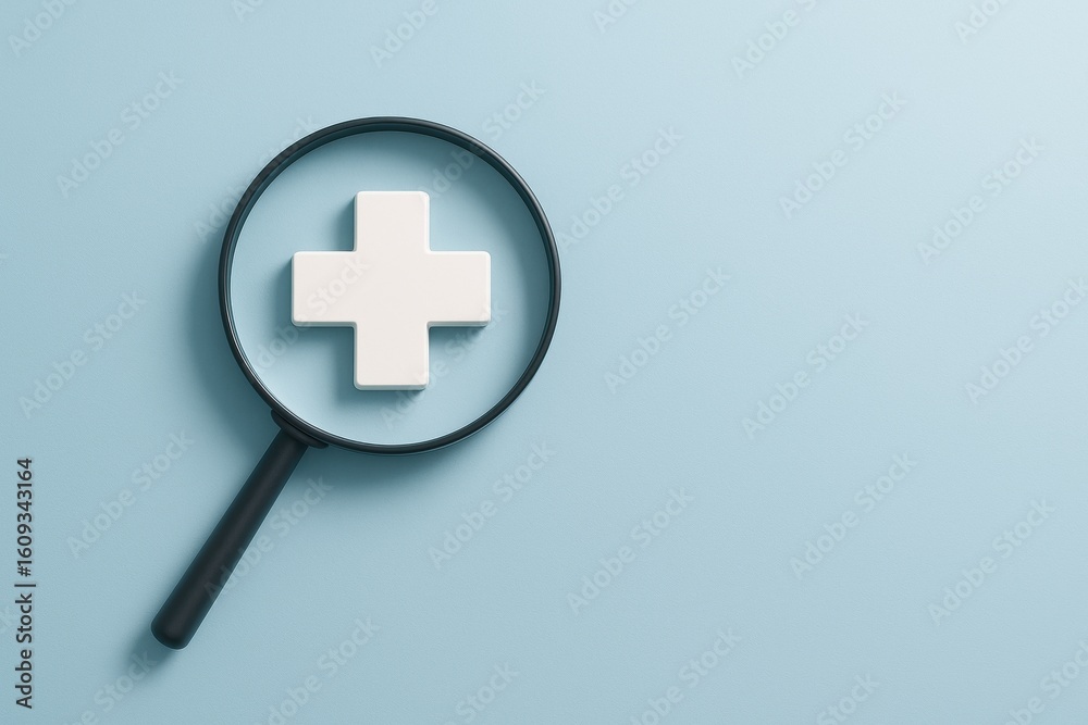 Fototapeta premium Focus on Health: A magnifying glass hovers over a white plus sign, creating a stark and symbolic representation of healthcare, medicine, and well-being, implying the importance of attention to health.