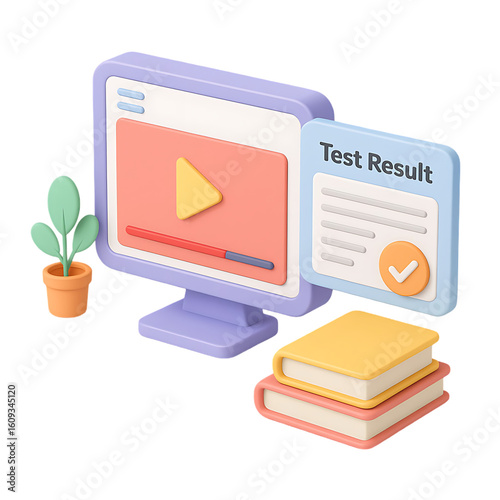 3d render isometric cartoon online learning platform with computer screen video player test result books and plant in pastel colors education concept isolated on transparent background