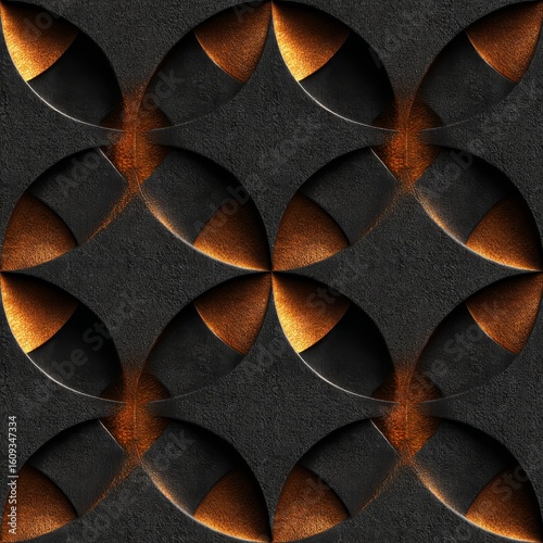 A contemporary abstract pattern composed of repeating half-circular shapes in gold with a black textured background, creating a sleek and dimensional look.