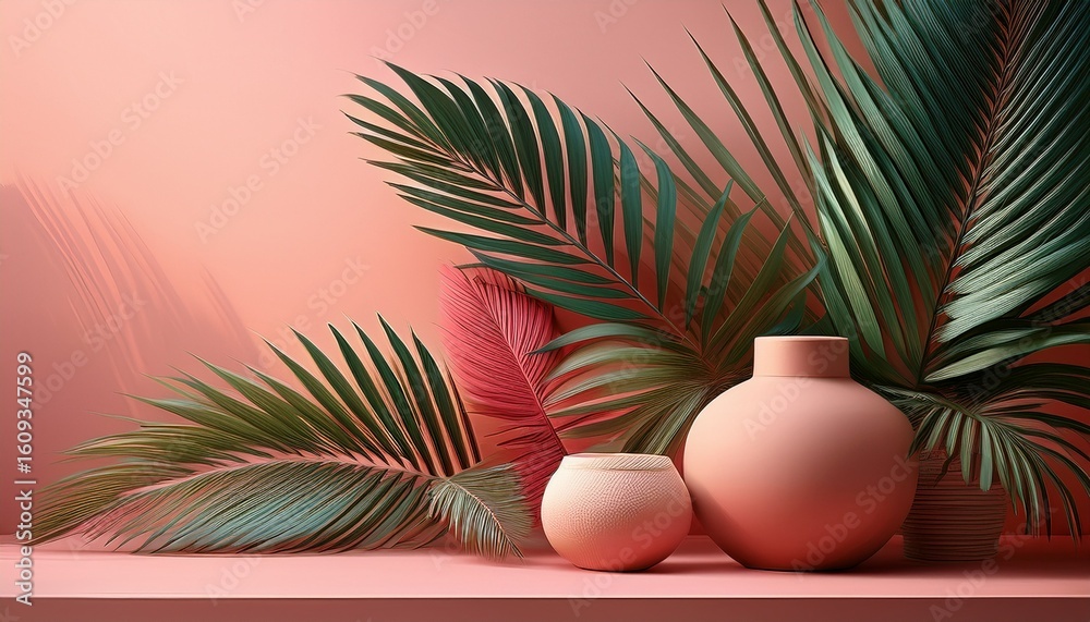 Obraz premium tropical summer composition with palm leaves and ceramic decor on pink background for vacation design inspiration