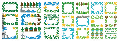 Nature Conservation Day Eco Frames Leaves Trees Environmental Icons