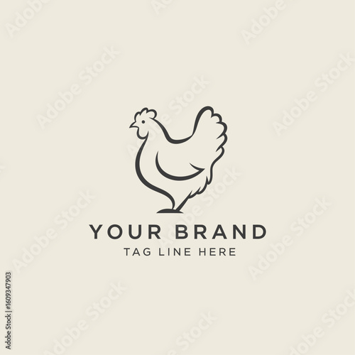 Elegant Chicken Logo Design: A minimalist logo features a single line drawing of a chicken, creating a clean and modern emblem suitable for various branding purposes.