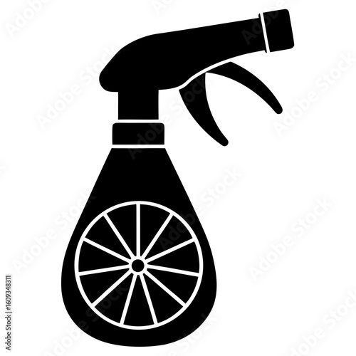 Black silhouette of a spray bottle with a lemon slice inside