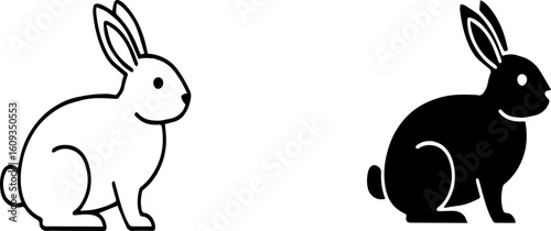 Simple line art illustrations of a white and black rabbit.
