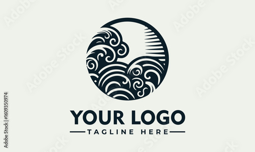 Stylized ocean wave logo design in a circular frame, featuring sun rays and intricate detailing.
