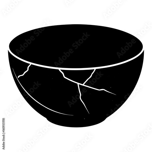 Black bowl with white cracks on a white background