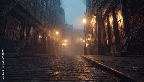 Wallpaper Mural Foggy cobblestone street at night Torontodigital.ca