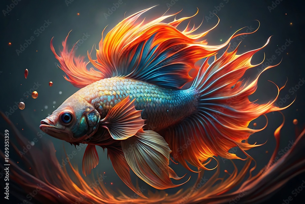 Fototapeta premium Magnificent betta fish with fiery orange and blue fins swimming gracefully in dark water