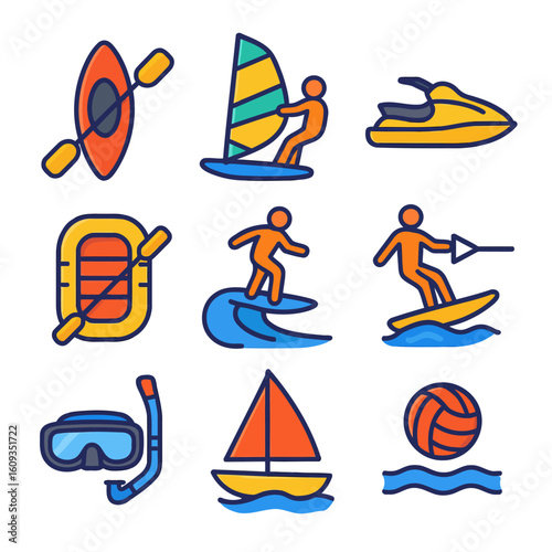 Water sports and ocean activity flat color icon set isolated on transparent background