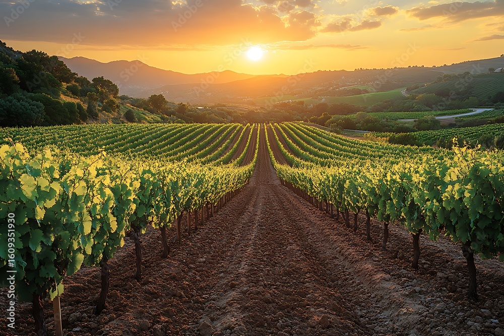 Fototapeta premium Hillside vineyard illuminated by sunrise rays high resolution picture