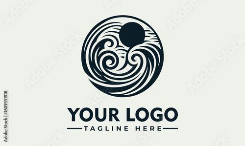 Stylized ocean waves logo design, sun hidden behind swirling water, circular emblem.
