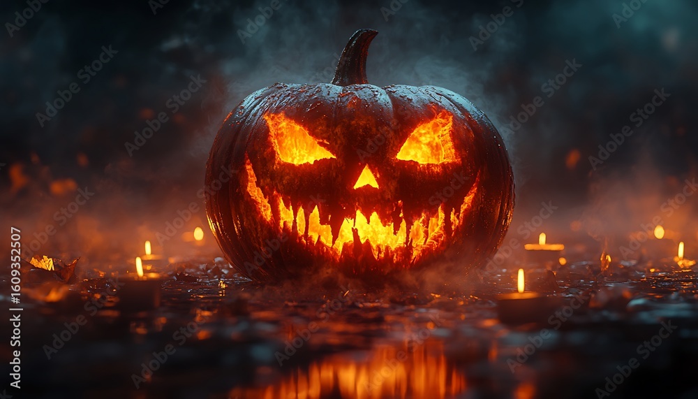 Naklejka premium Glowing Jack O Lantern surrounded by flickering candles and smoke Halloween pumpkin