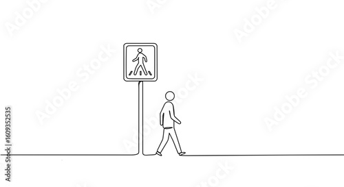 Simple line drawing of a pedestrian walking past a traffic signal  