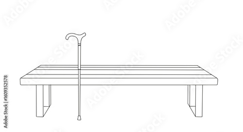 Wooden bench with cane resting on side in simple line art  