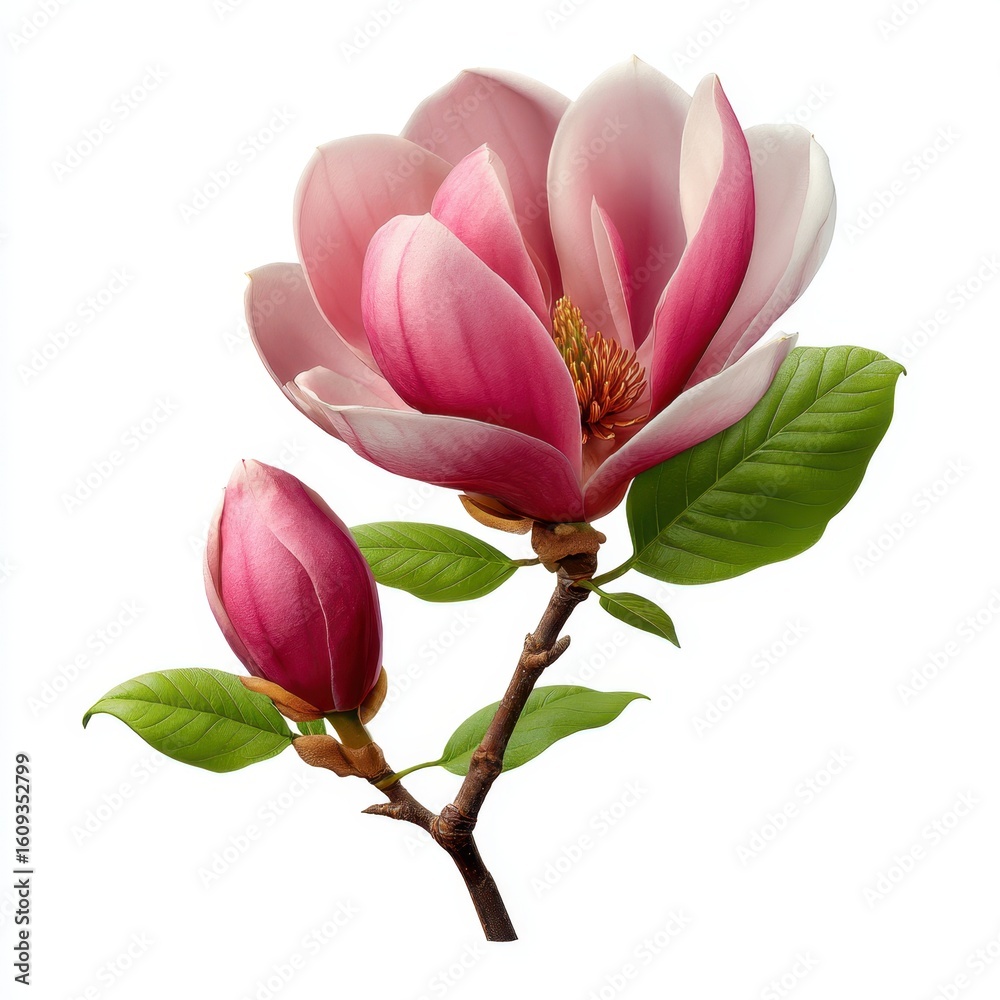 Fototapeta premium Magnolia blossom with bud and leaves, close up, isolated on white background.