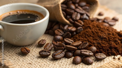 The Foundation of a Great Cup Roasted Coffee Beans and Grounds, Aromatic Coffee Beans and Powder with a Freshly Poured Cup, Rustic Still Life of Coffee Ingredients and a Warm Beverage, From the Sack