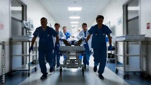Medical staff rapidly transporting a patient on a stretcher through a hospital corridor.
