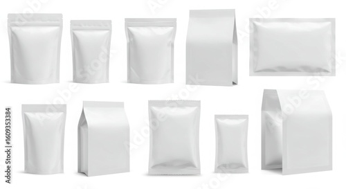 Collection of blank white packaging pouches isolated on white background