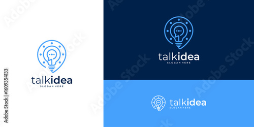 Speech bubble chat with light bulb logo design inspiration. Creative outline communication based icon template.
