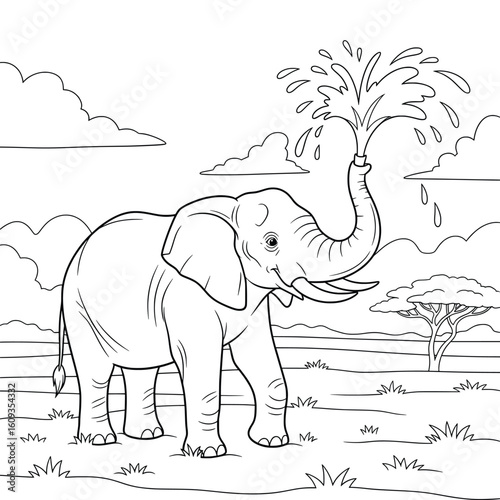 Cartoon Elephant Spraying Water with Trunk — Fun Wildlife Animal Coloring Page for Kids, Black and White Savannah Nature Line Art Illustration