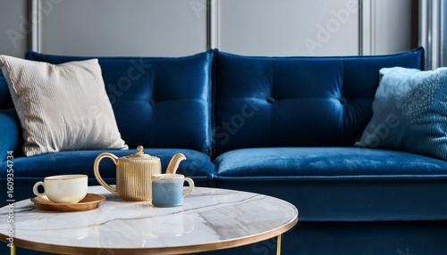 blue velvet sofa with marble table and teacup for modern living room interior design elegant cozy home
