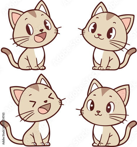Cute Cartoon Cats Set with Different Poses and Emotions Vector Illustration