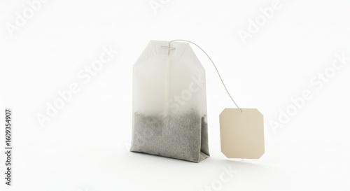 Single tea bag with string and tag isolated on white background