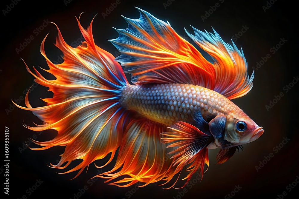 Fototapeta premium Vibrant siamese fighting fish showcases fiery orange and electric blue fins against a deep black background
