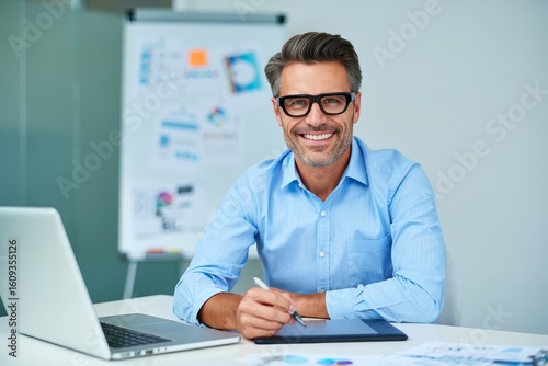 Smiling businessman working on laptop and graphic tablet in modern office space