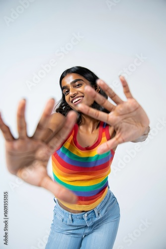 Portrait of a smiling woman in rainbow striped tank top posing with hands forward happy