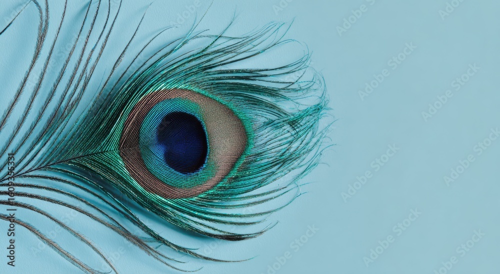 Obraz premium Peacock feather on a light blue background