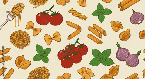  Italian Pasta and Ingredients Seamless Pattern